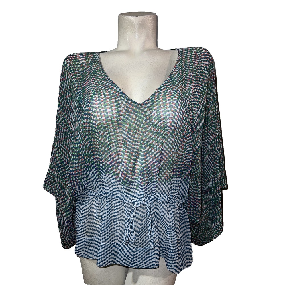Cabi Womens Green Navy Chevron Chiffon‎ Kimono Sleeve Drawstring Blouse Small